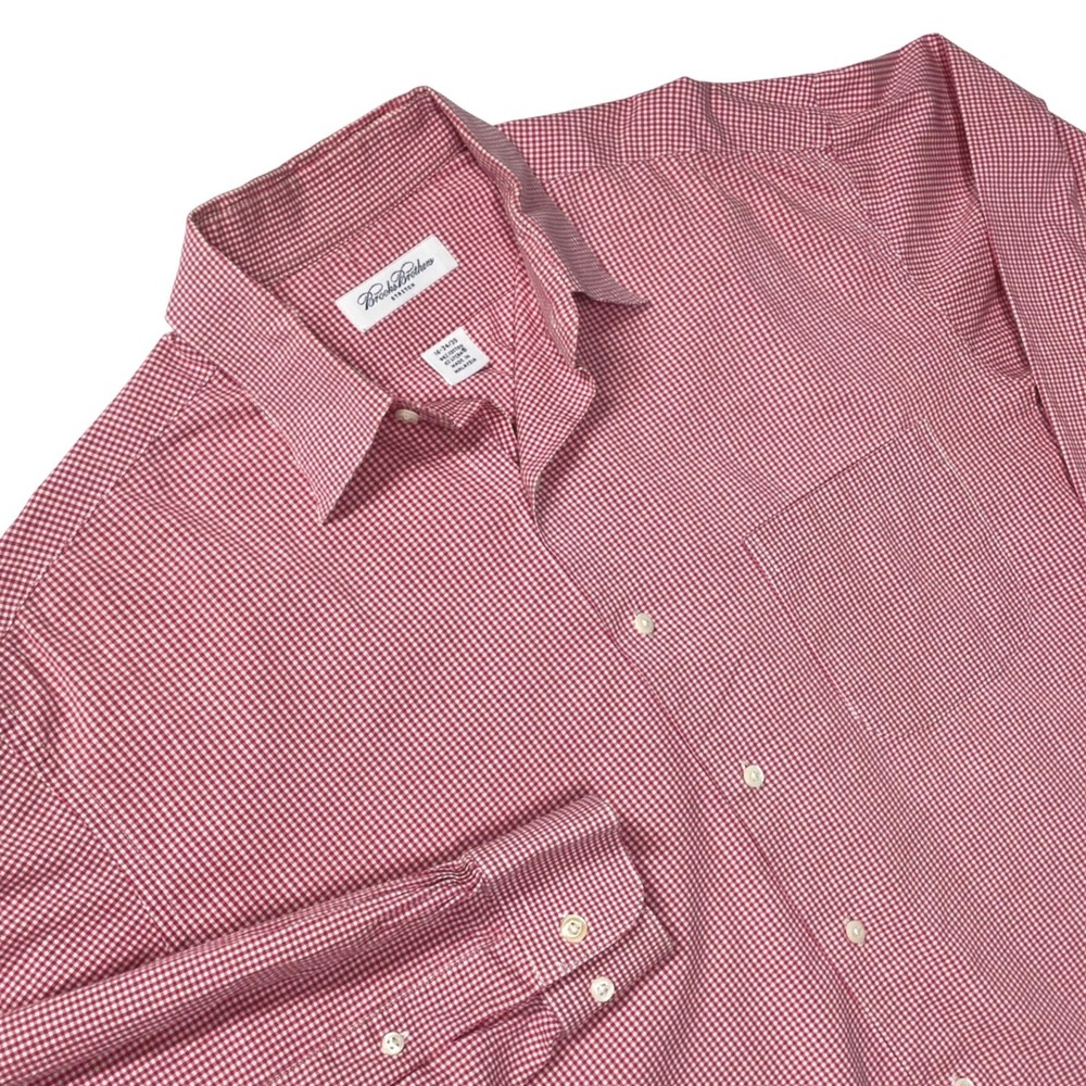 Brooks Brothers Stretch Mens 16 34/35 Red White Gingham Button Down Dress Shirt